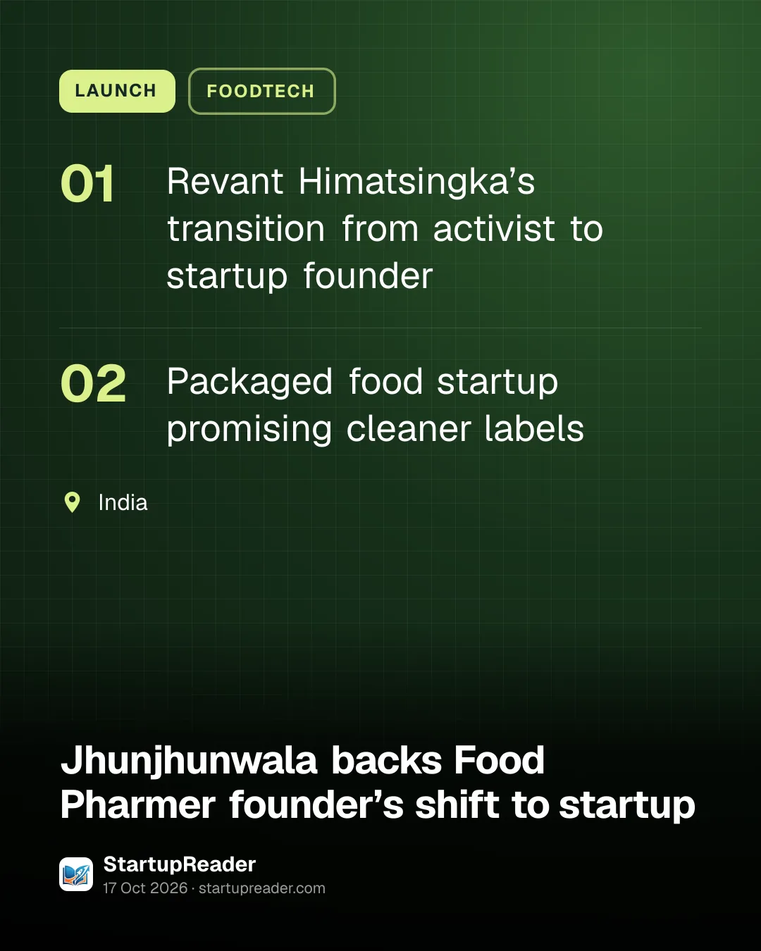LAUNCH. Revant Himatsingka’s transition from activist to startup founder; Packaged food startup promising cleaner labels. India.