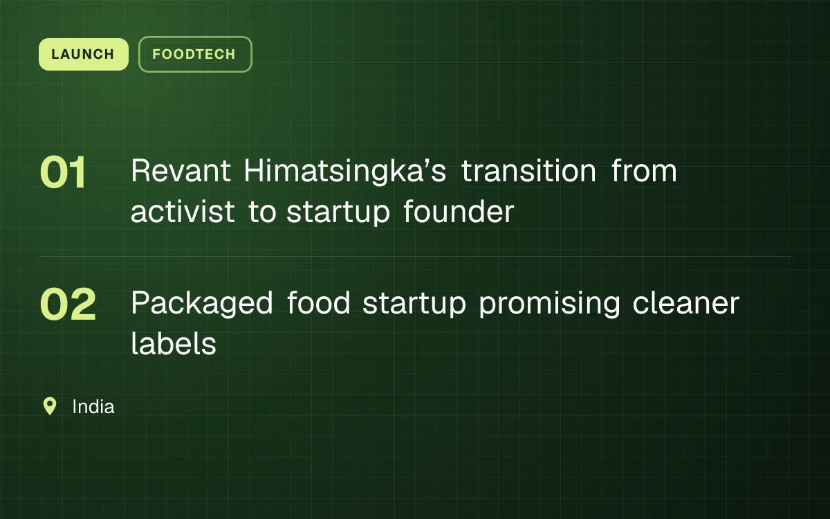 LAUNCH. Revant Himatsingka’s transition from activist to startup founder; Packaged food startup promising cleaner labels. India.