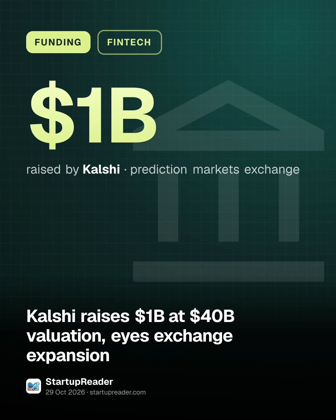 FUNDING. $1B raised by Kalshi, prediction markets exchange.
