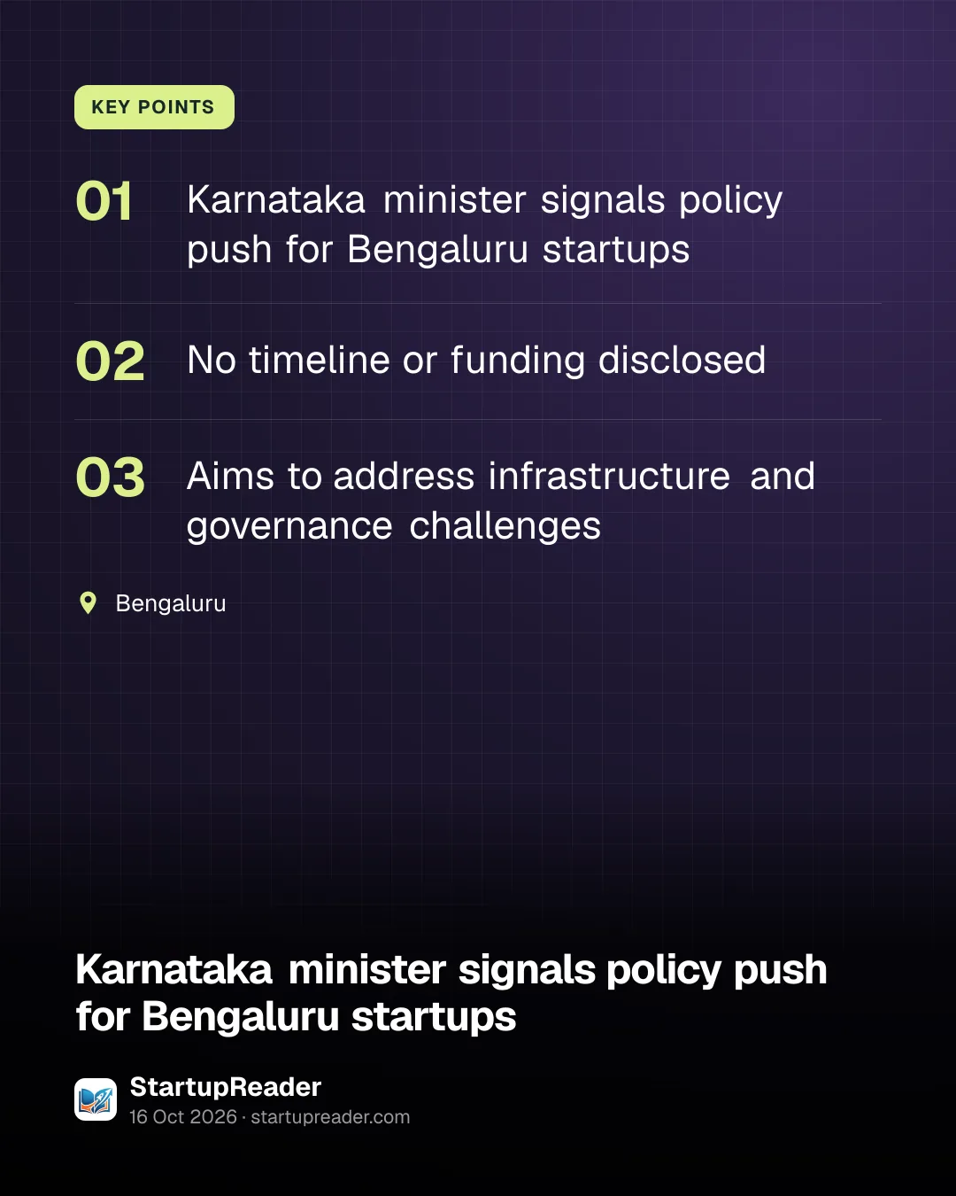 KEY POINTS. Karnataka minister signals policy push for Bengaluru startups; No timeline or funding disclosed; Aims to address infrastructure and governance challenges. Bengaluru.