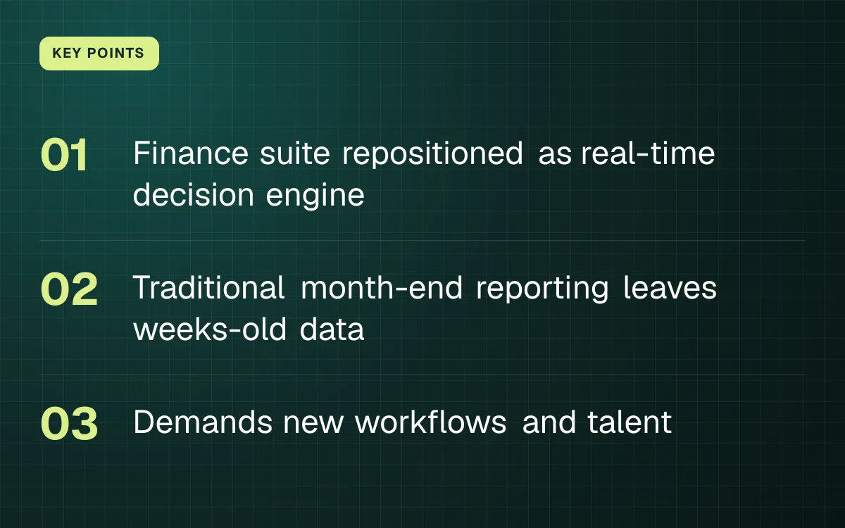 KEY POINTS. Finance suite repositioned as real-time decision engine; Traditional month-end reporting leaves weeks-old data; Demands new workflows and talent.