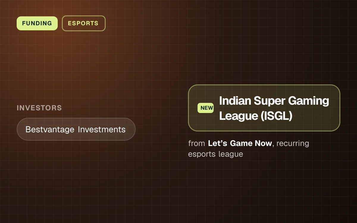 FUNDING. investors: Bestvantage Investments. Indian Super Gaming League (ISGL) from Let’s Game Now, recurring esports league.