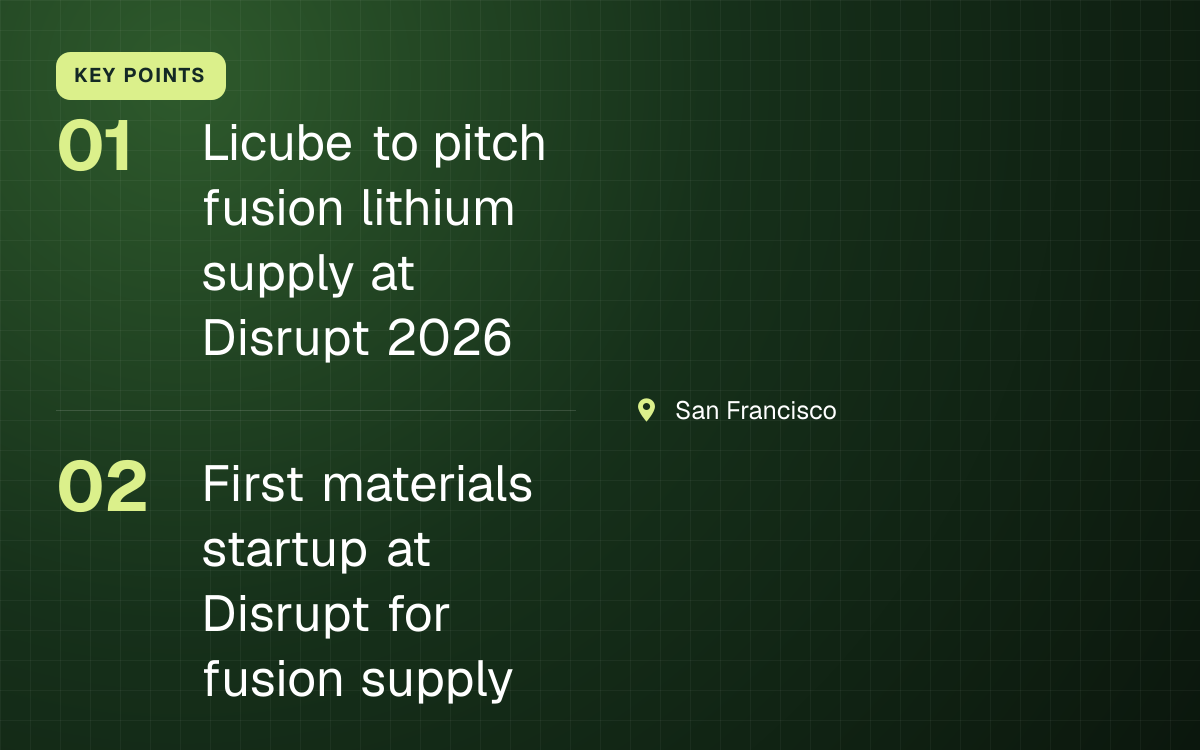 KEY POINTS. Licube to pitch fusion lithium supply at Disrupt 2026; First materials startup at Disrupt for fusion supply. San Francisco.