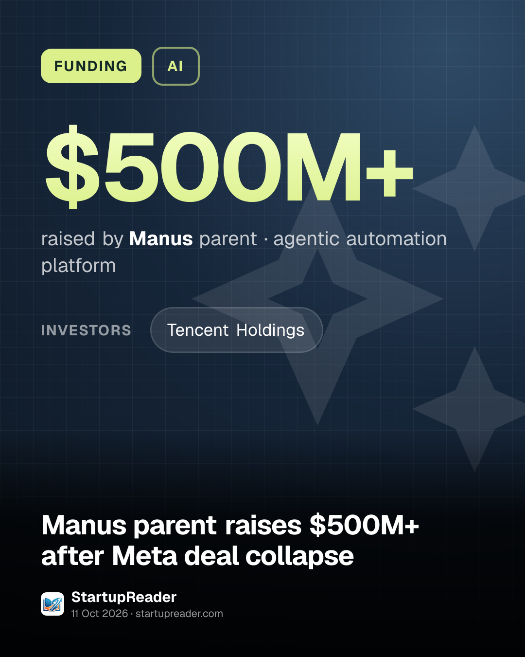 FUNDING. $500M+ raised by Manus parent, agentic automation platform. investors: Tencent Holdings.