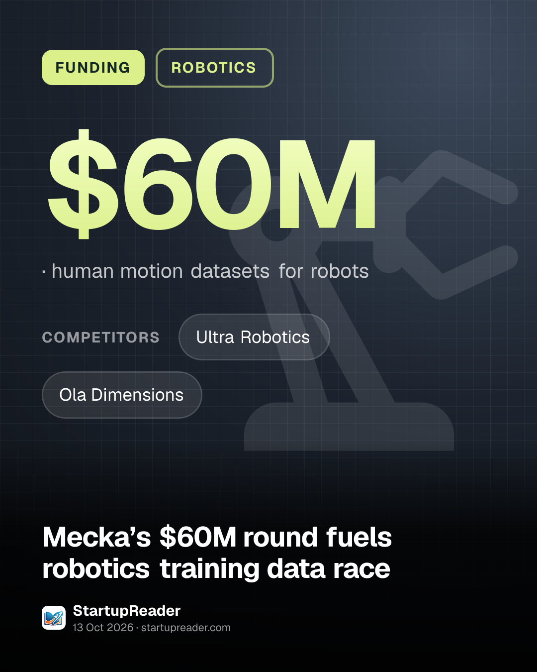 FUNDING. $60M, human motion datasets for robots. competitors: Ultra Robotics, Ola Dimensions.