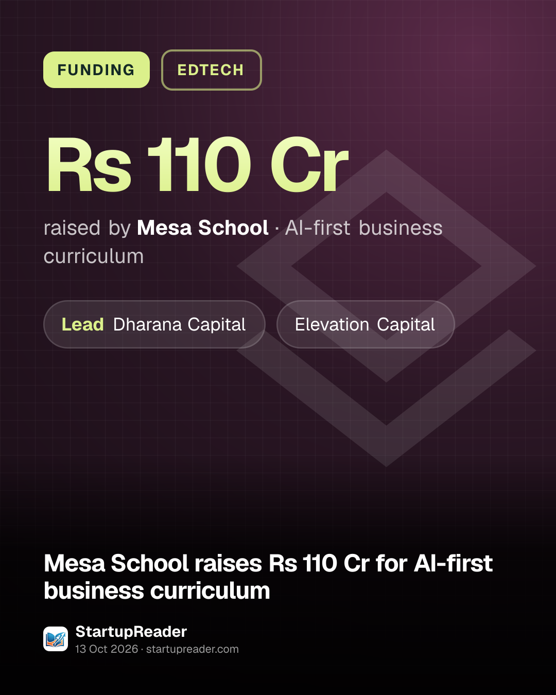 FUNDING. Rs 110 Cr raised by Mesa School, AI-first business curriculum. led by Dharana Capital, Elevation Capital.