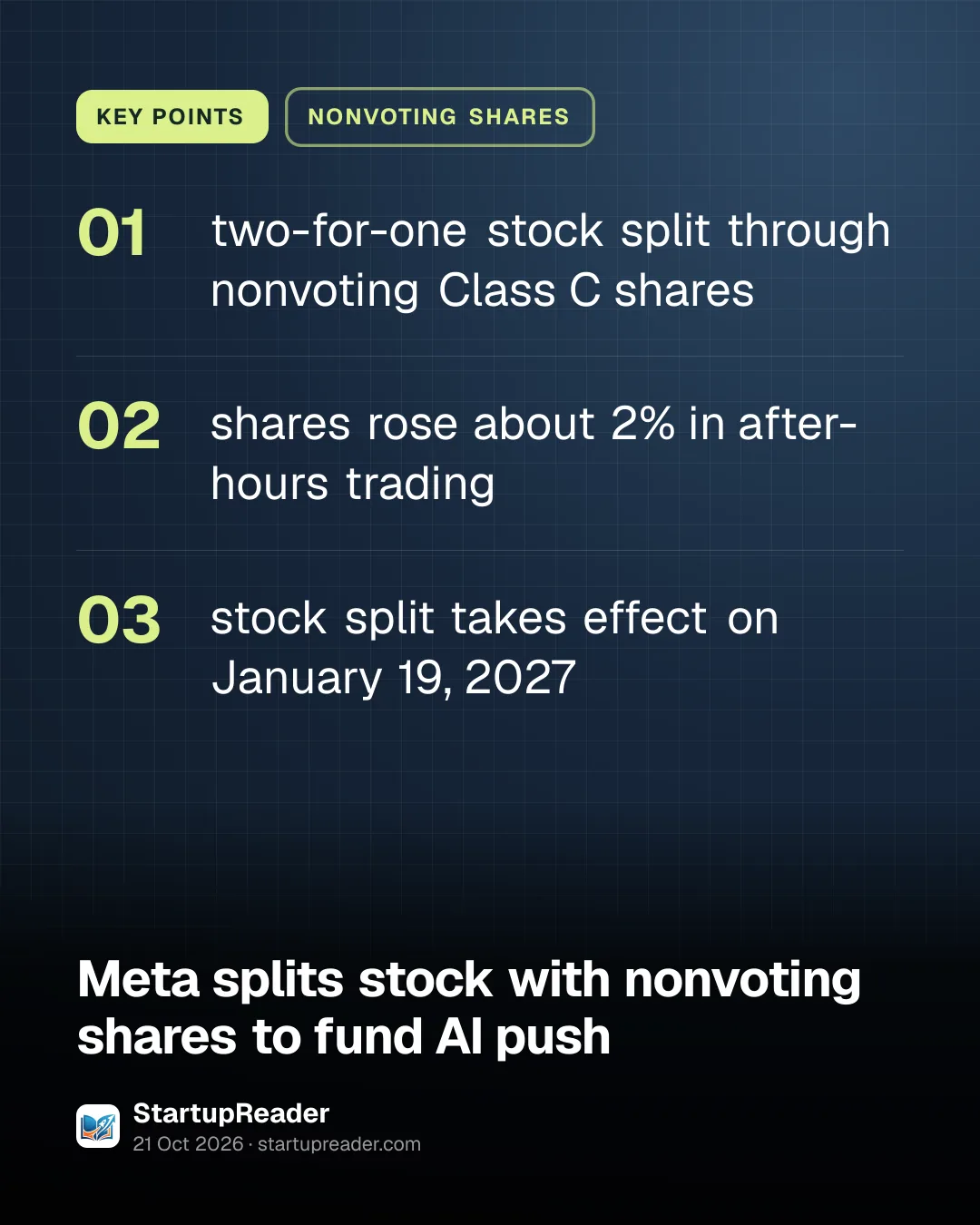 KEY POINTS. two-for-one stock split through nonvoting Class C shares; shares rose about 2% in after-hours trading; stock split takes effect on January 19, 2027.