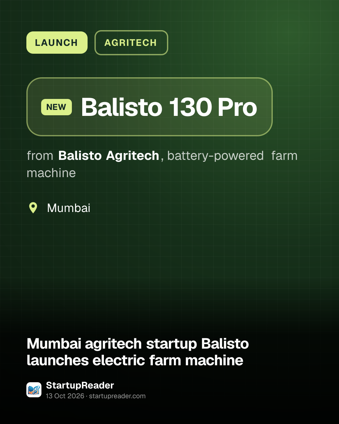 LAUNCH. Balisto 130 Pro from Balisto Agritech, battery-powered farm machine. Mumbai.