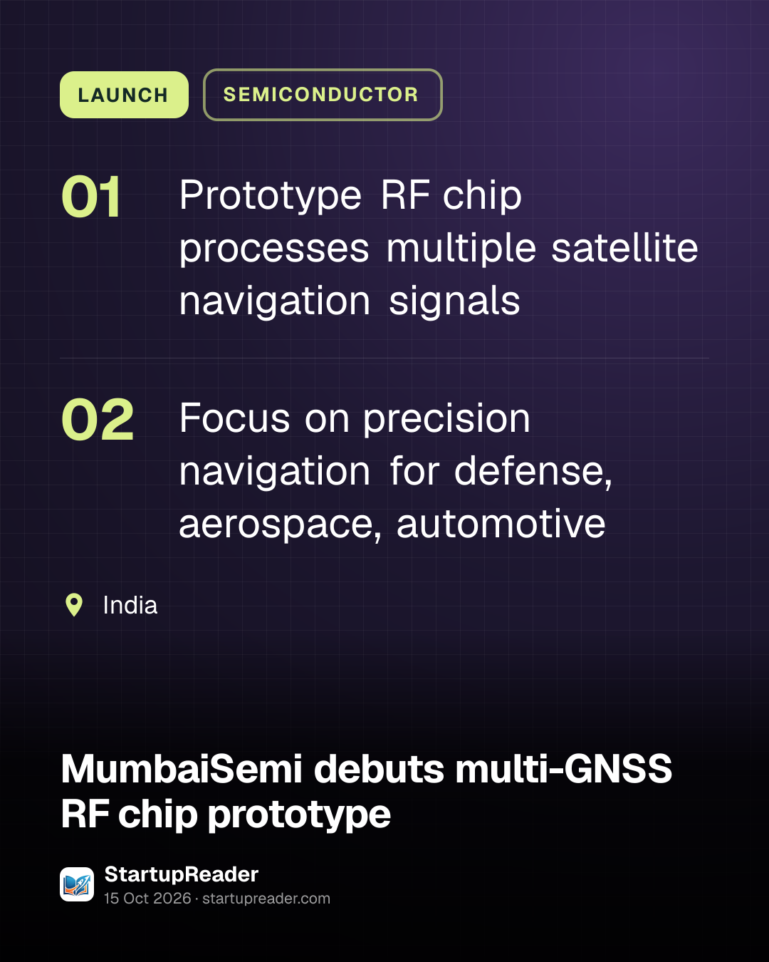 LAUNCH. Prototype RF chip processes multiple satellite navigation signals; Focus on precision navigation for defense, aerospace, automotive. India.