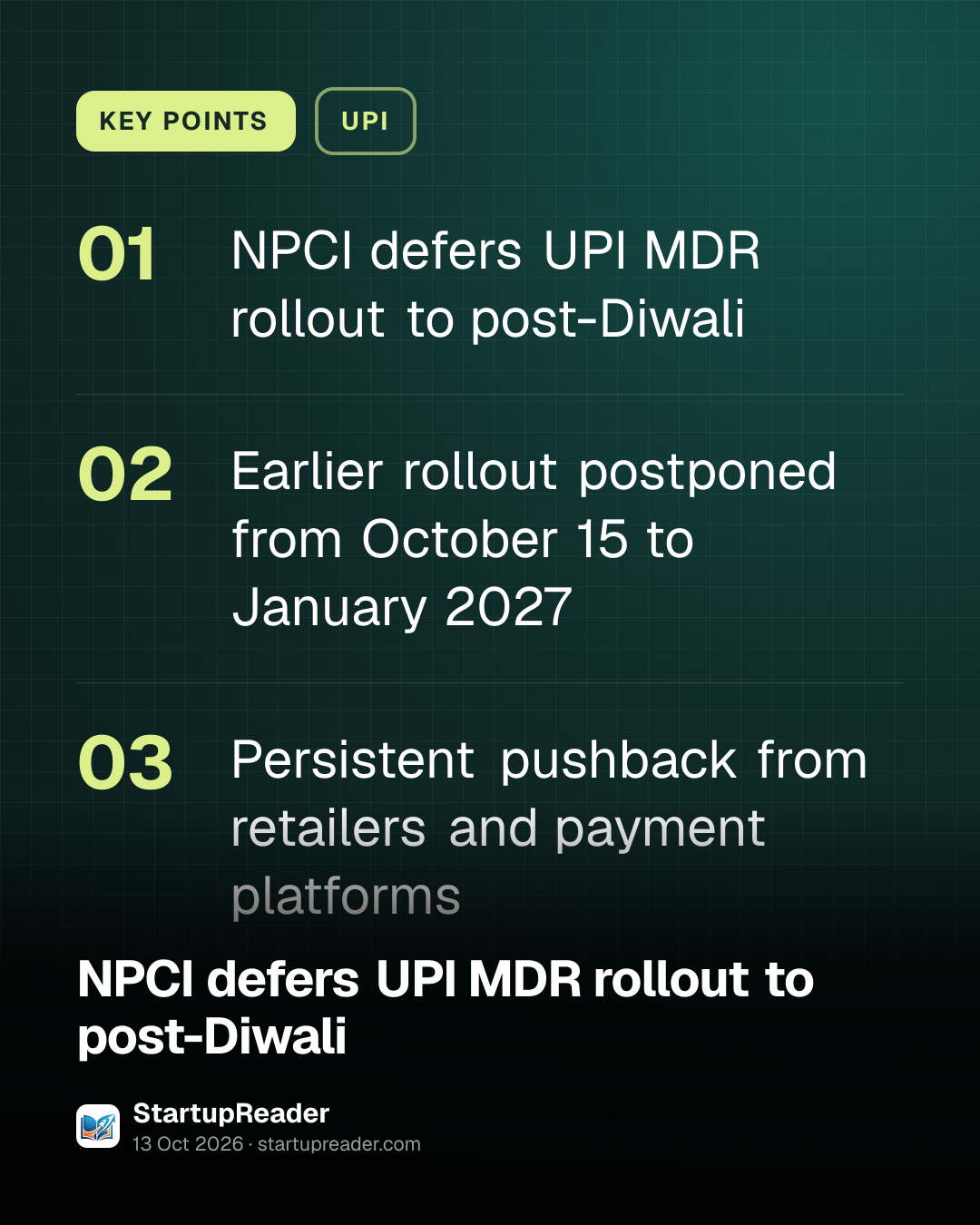 KEY POINTS. NPCI defers UPI MDR rollout to post-Diwali; Earlier rollout postponed from October 15 to January 2027; Persistent pushback from retailers and payment platforms.