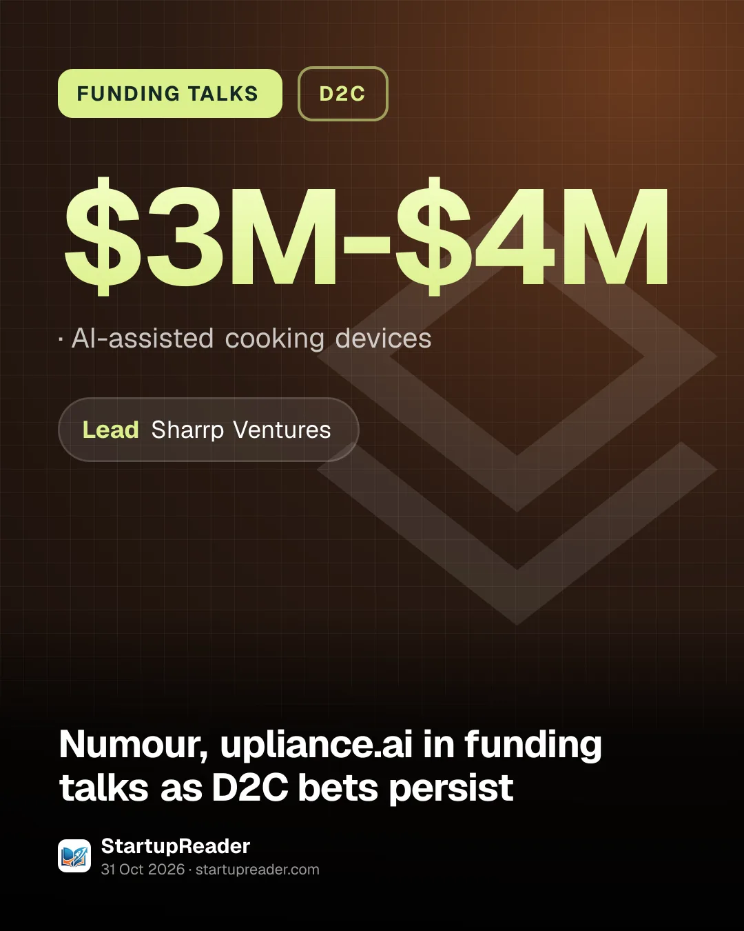 FUNDING TALKS. $3M-$4M, AI-assisted cooking devices. led by Sharrp Ventures.