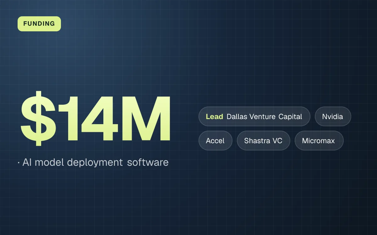 FUNDING. $14M, AI model deployment software. led by Dallas Venture Capital, Nvidia, Accel, Shastra VC, Micromax.