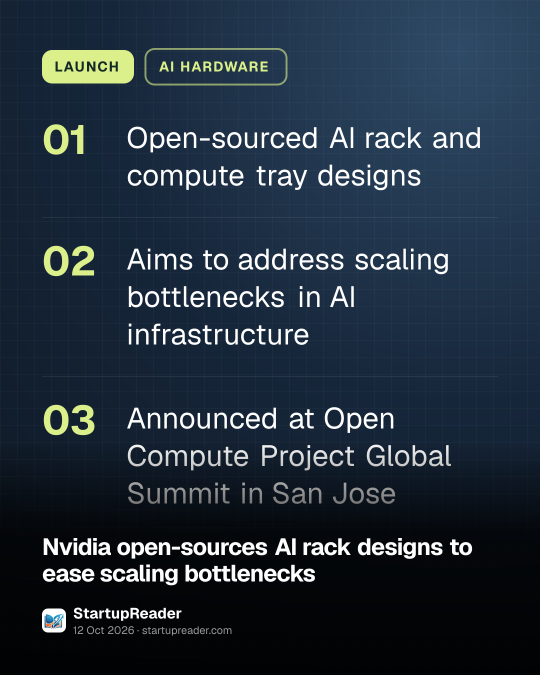 LAUNCH. Open-sourced AI rack and compute tray designs; Aims to address scaling bottlenecks in AI infrastructure; Announced at Open Compute Project Global Summit in San Jose.