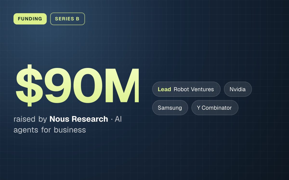FUNDING. $90M raised by Nous Research, AI agents for business. led by Robot Ventures, Nvidia, Samsung, Y Combinator.