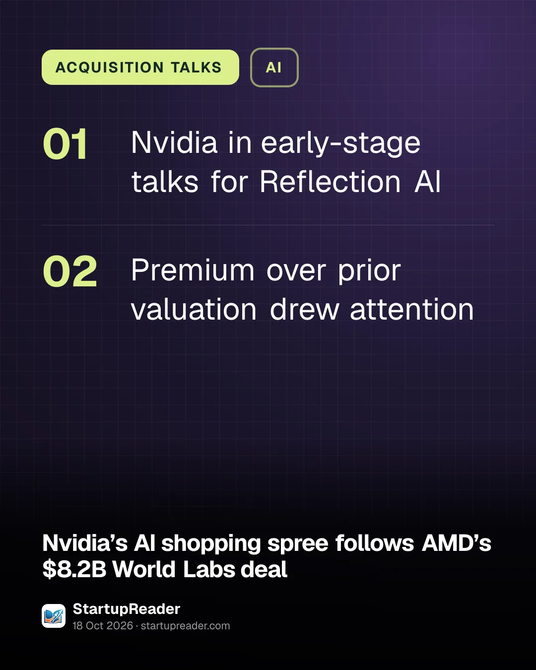 ACQUISITION TALKS. Nvidia in early-stage talks for Reflection AI; Premium over prior valuation drew attention.