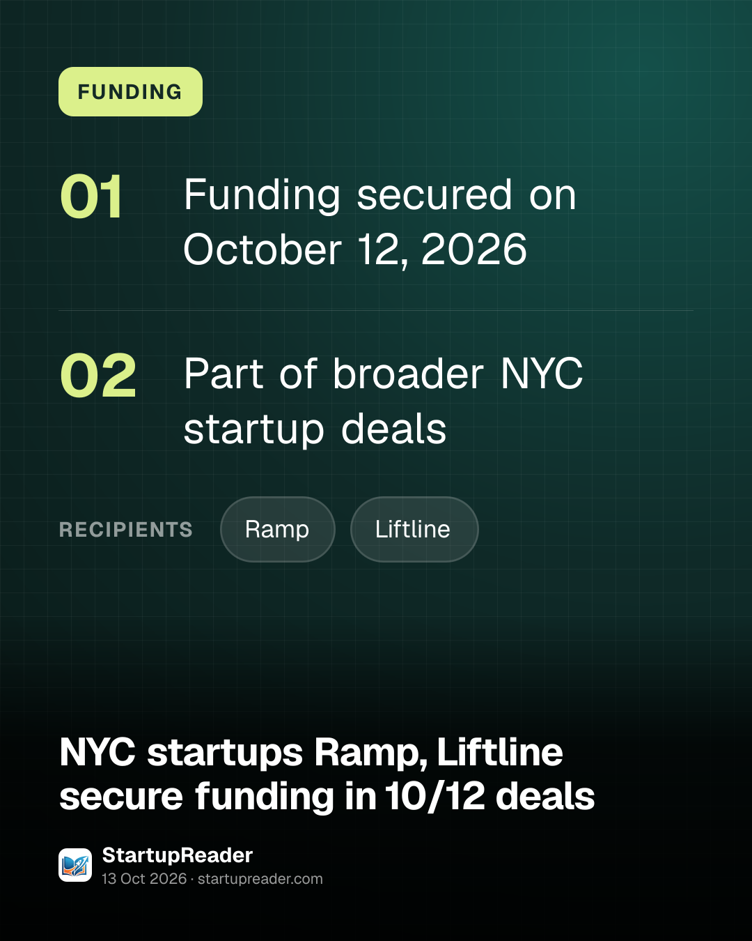 FUNDING. Funding secured on October 12, 2026; Part of broader NYC startup deals. recipients: Ramp, Liftline.