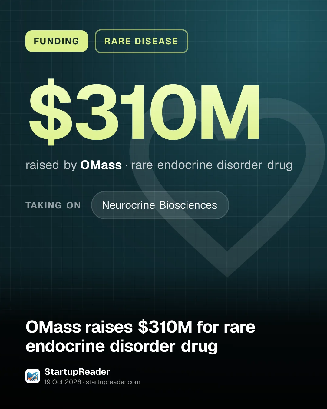 FUNDING. $310M raised by OMass, rare endocrine disorder drug. taking on: Neurocrine Biosciences.
