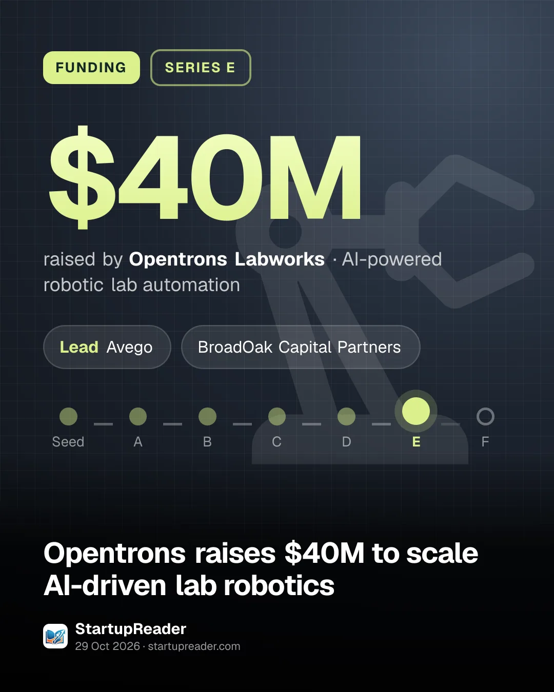 FUNDING. $40M raised by Opentrons Labworks, AI-powered robotic lab automation. led by Avego, BroadOak Capital Partners. Stage: Series E.