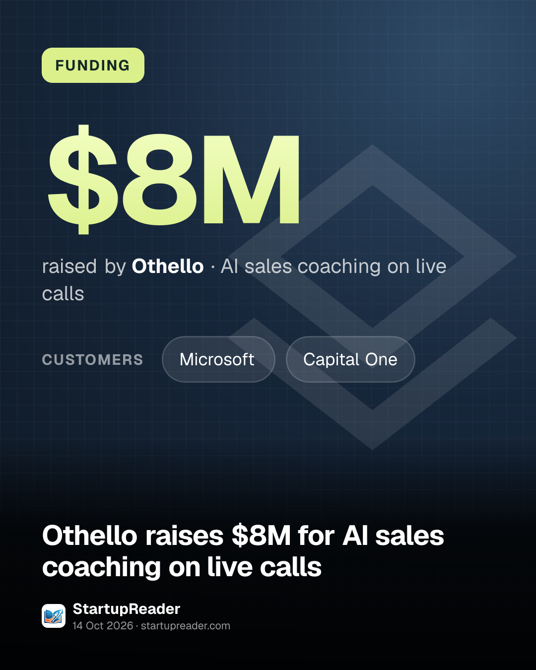 FUNDING. $8M raised by Othello, AI sales coaching on live calls. customers: Microsoft, Capital One.