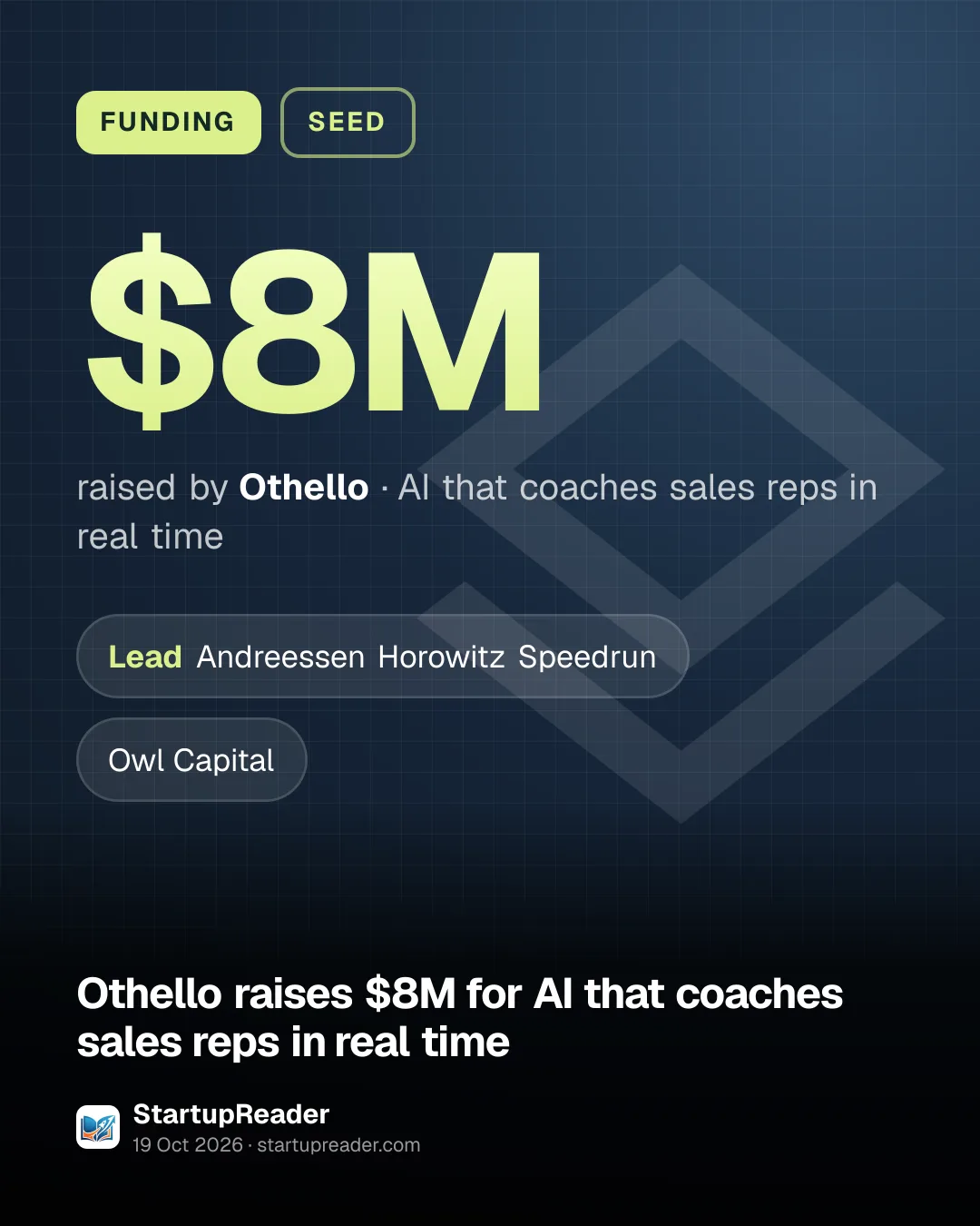 FUNDING. $8M raised by Othello, AI that coaches sales reps in real time. led by Andreessen Horowitz Speedrun, Owl Capital.