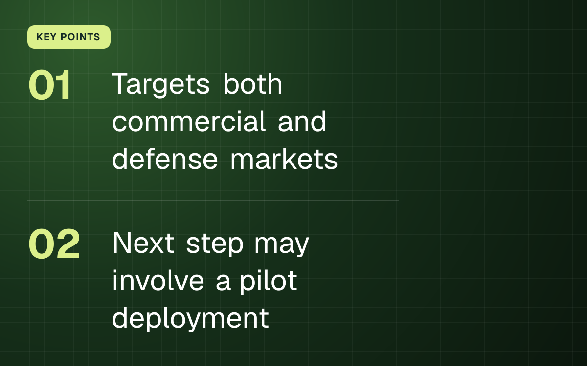 KEY POINTS. Targets both commercial and defense markets; Next step may involve a pilot deployment.