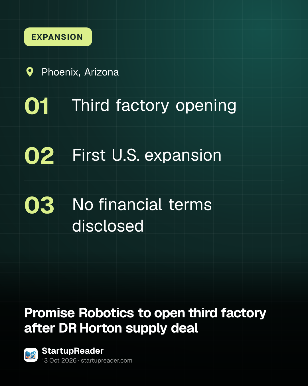 EXPANSION. Phoenix, Arizona. Third factory opening; First U.S. expansion; No financial terms disclosed.