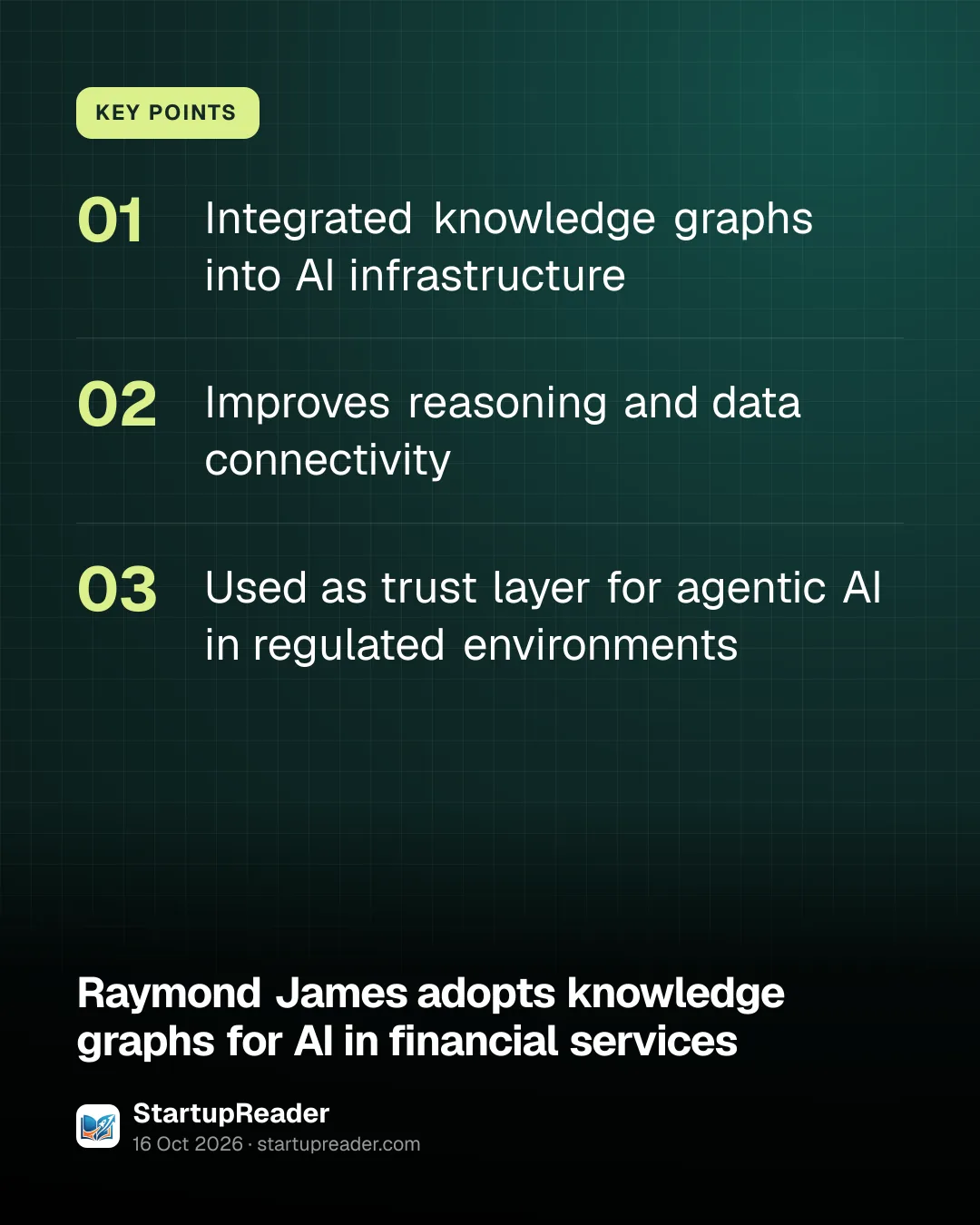 KEY POINTS. Integrated knowledge graphs into AI infrastructure; Improves reasoning and data connectivity; Used as trust layer for agentic AI in regulated environments.