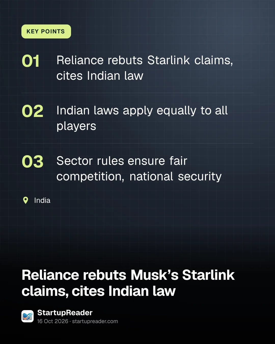 KEY POINTS. Reliance rebuts Starlink claims, cites Indian law; Indian laws apply equally to all players; Sector rules ensure fair competition, national security. India.