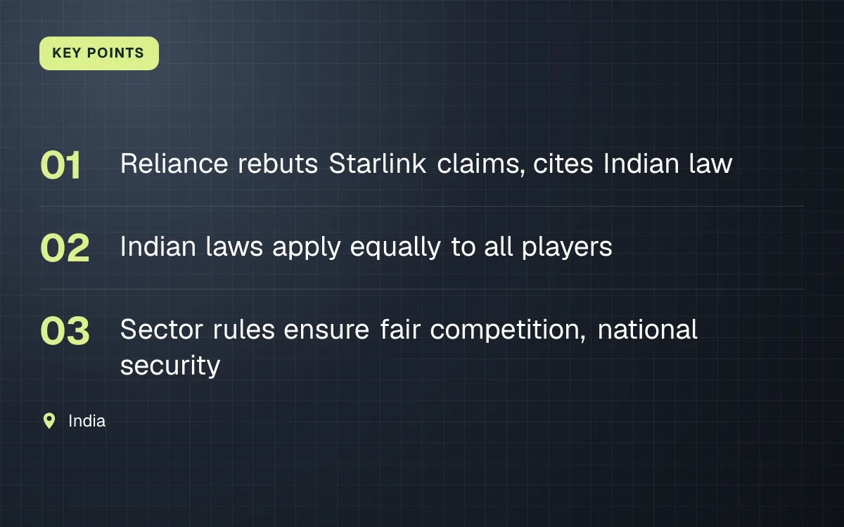KEY POINTS. Reliance rebuts Starlink claims, cites Indian law; Indian laws apply equally to all players; Sector rules ensure fair competition, national security. India.