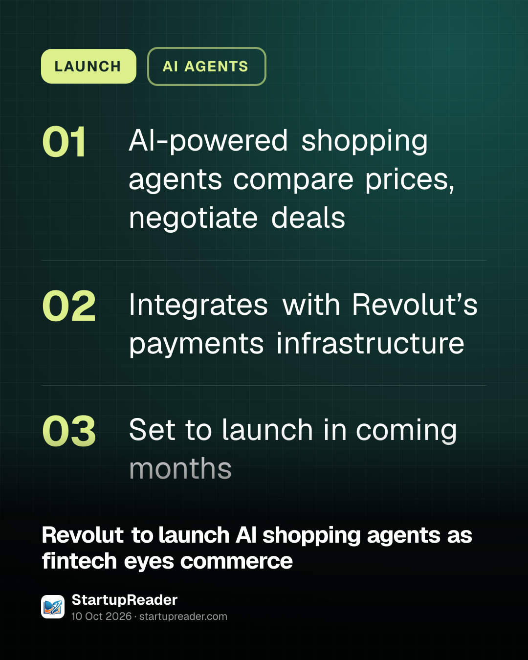 LAUNCH. AI-powered shopping agents compare prices, negotiate deals; Integrates with Revolut’s payments infrastructure; Set to launch in coming months.