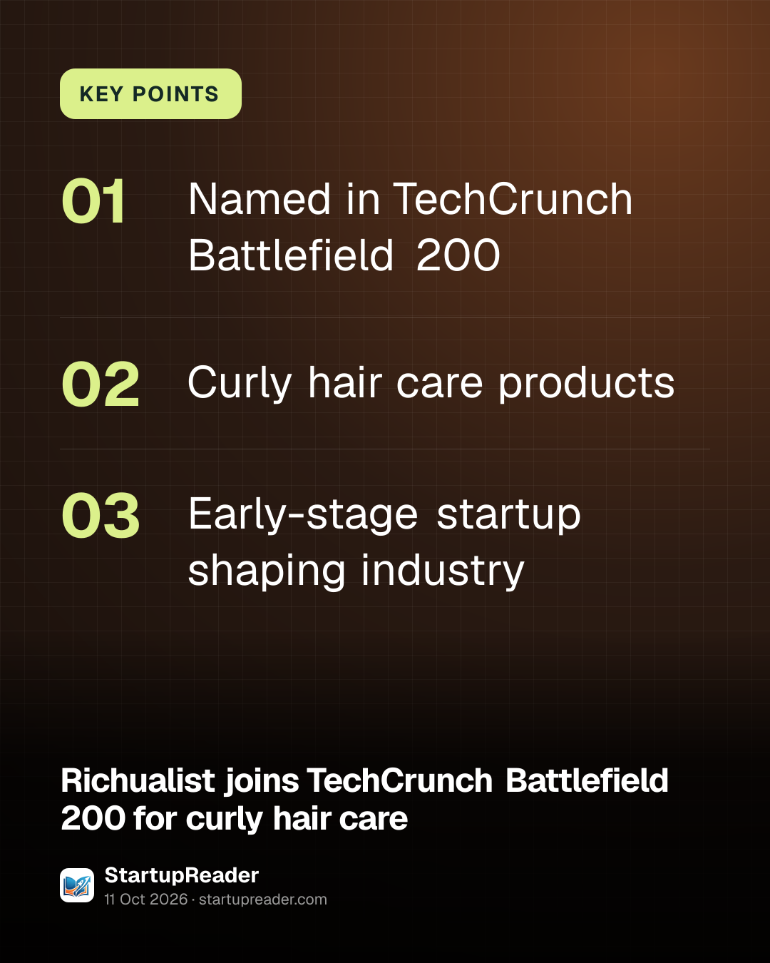 KEY POINTS. Named in TechCrunch Battlefield 200; Curly hair care products; Early-stage startup shaping industry.