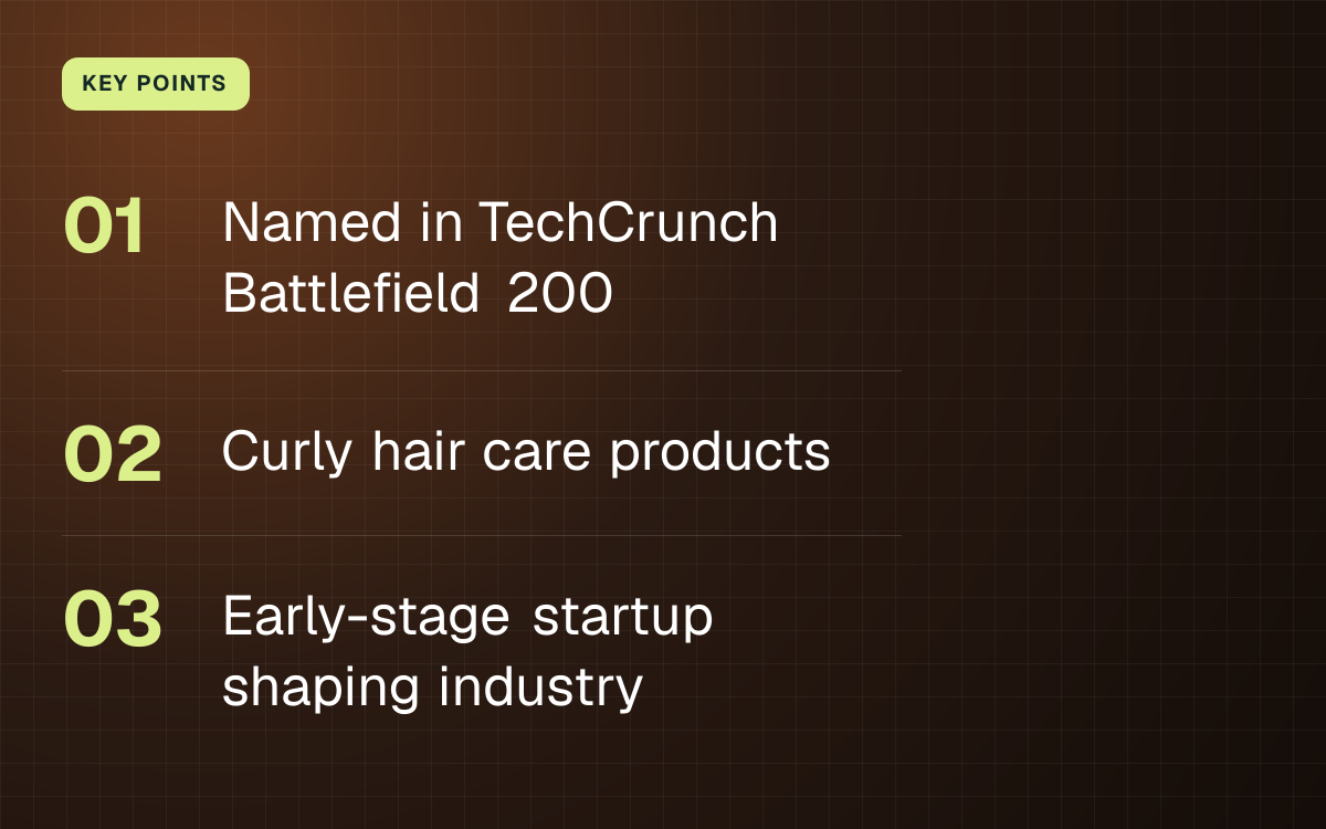 KEY POINTS. Named in TechCrunch Battlefield 200; Curly hair care products; Early-stage startup shaping industry.