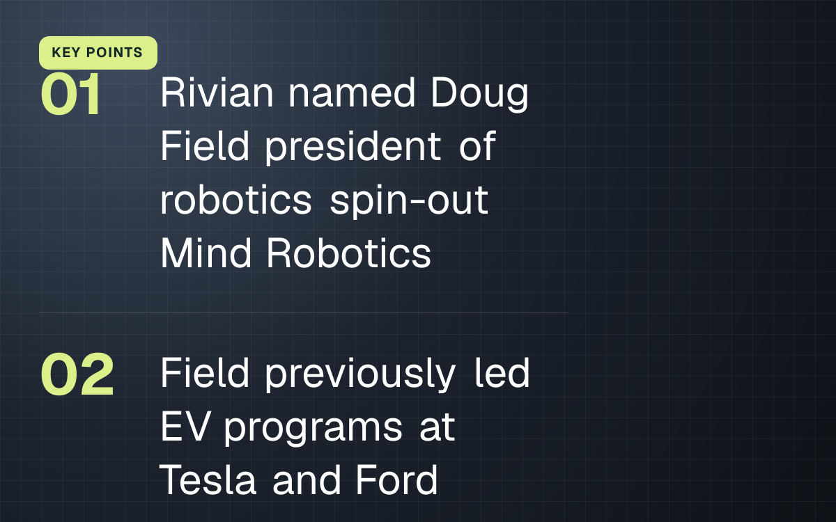 KEY POINTS. Rivian named Doug Field president of robotics spin-out Mind Robotics; Field previously led EV programs at Tesla and Ford.