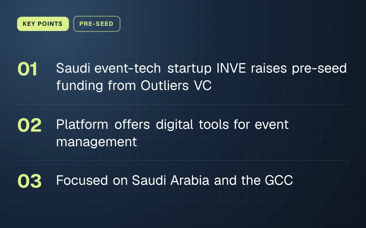 KEY POINTS. Saudi event-tech startup INVE raises pre-seed funding from Outliers VC; Platform offers digital tools for event management; Focused on Saudi Arabia and the GCC.