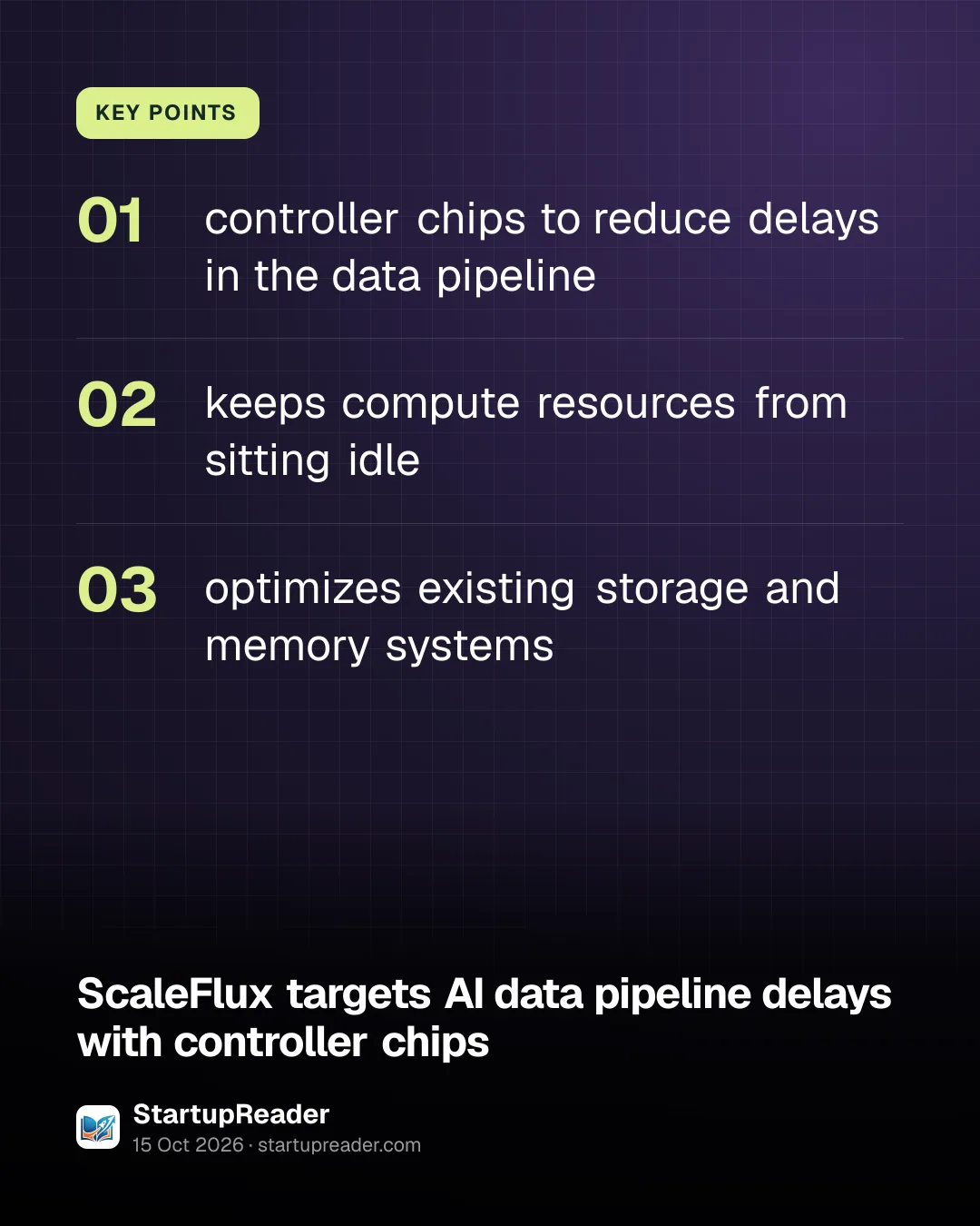 KEY POINTS. controller chips to reduce delays in the data pipeline; keeps compute resources from sitting idle; optimizes existing storage and memory systems.