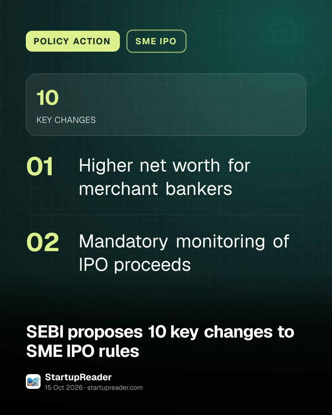POLICY ACTION. 10 KEY CHANGES. Higher net worth for merchant bankers; Mandatory monitoring of IPO proceeds.