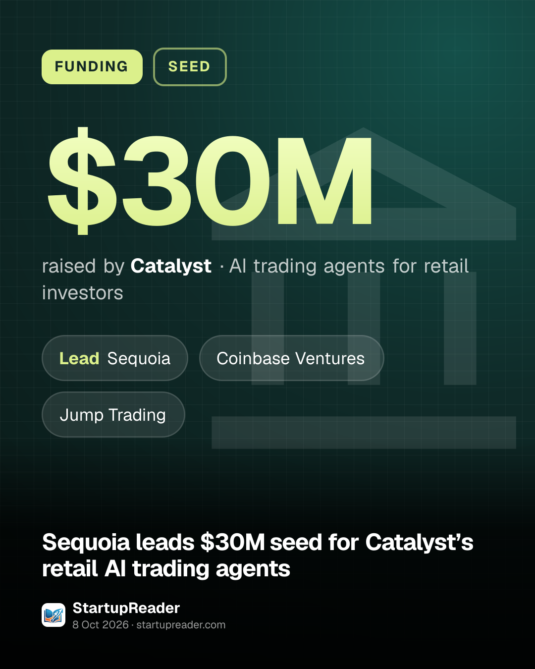 FUNDING. $30M raised by Catalyst, AI trading agents for retail investors. led by Sequoia, Coinbase Ventures, Jump Trading.