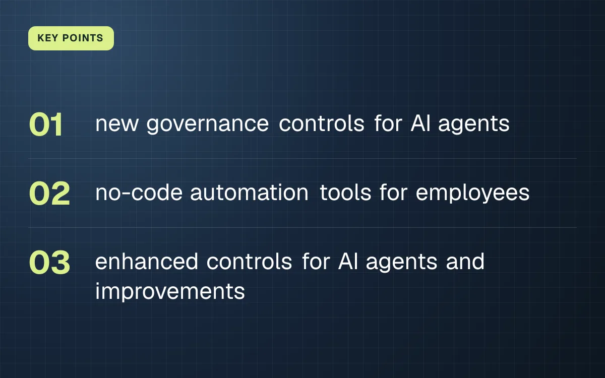 KEY POINTS. new governance controls for AI agents; no-code automation tools for employees; enhanced controls for AI agents and improvements.