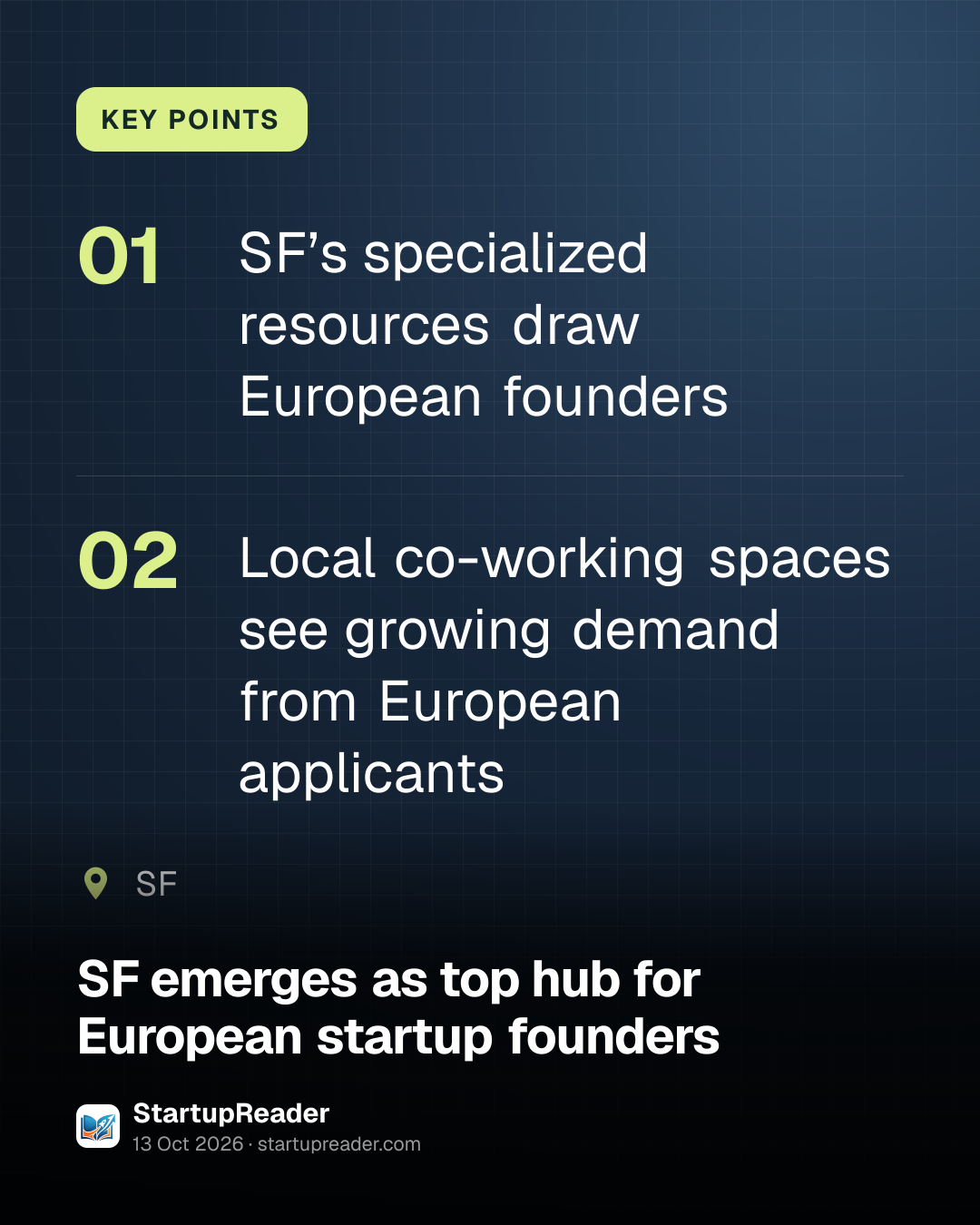 KEY POINTS. SF’s specialized resources draw European founders; Local co-working spaces see growing demand from European applicants. SF.