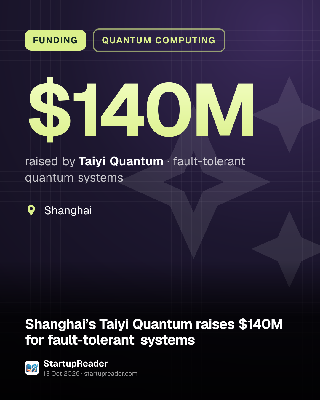 FUNDING. $140M raised by Taiyi Quantum, fault-tolerant quantum systems. Shanghai.