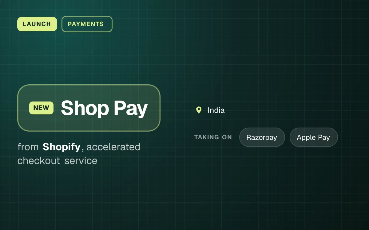 LAUNCH. Shop Pay from Shopify, accelerated checkout service. India. taking on: Razorpay, Apple Pay.