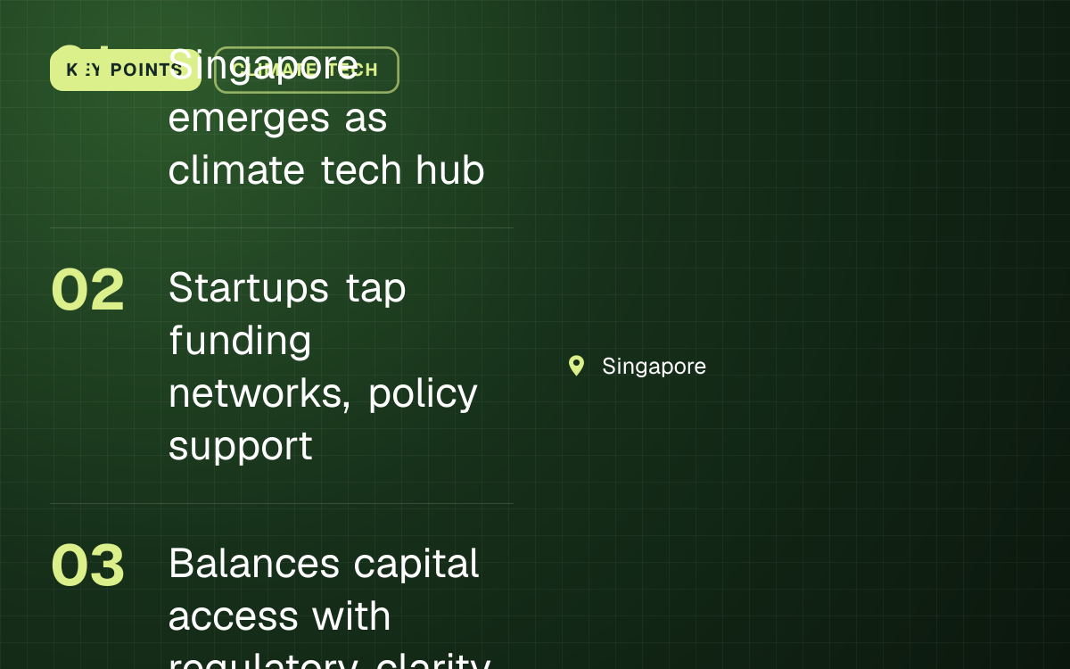 KEY POINTS. Singapore emerges as climate tech hub; Startups tap funding networks, policy support; Balances capital access with regulatory clarity. Singapore.