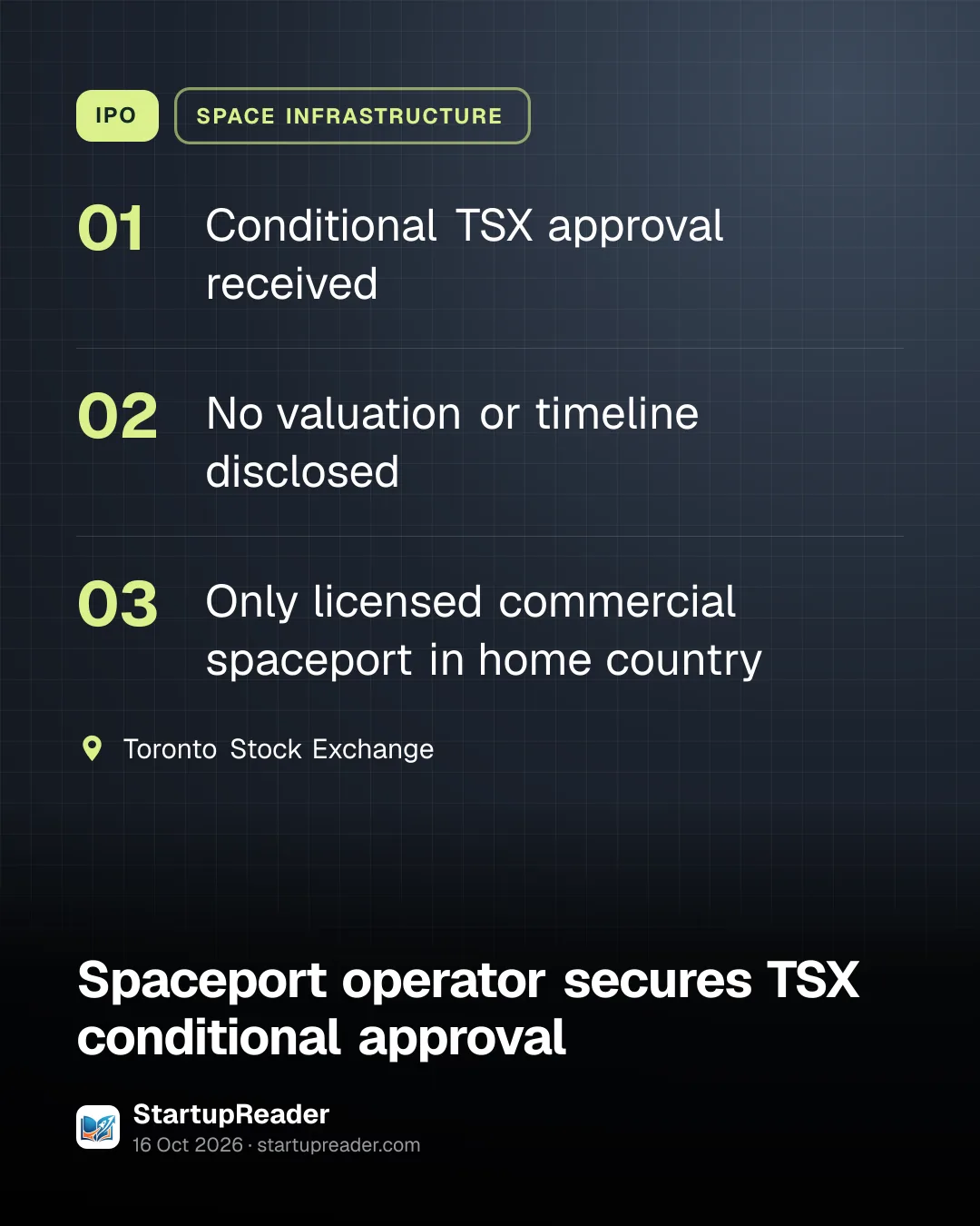 IPO. Conditional TSX approval received; No valuation or timeline disclosed; Only licensed commercial spaceport in home country. Toronto Stock Exchange.