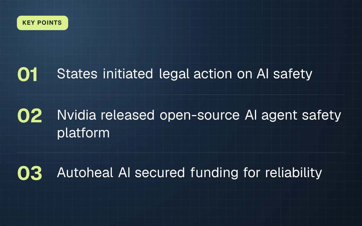 KEY POINTS. States initiated legal action on AI safety; Nvidia released open-source AI agent safety platform; Autoheal AI secured funding for reliability.