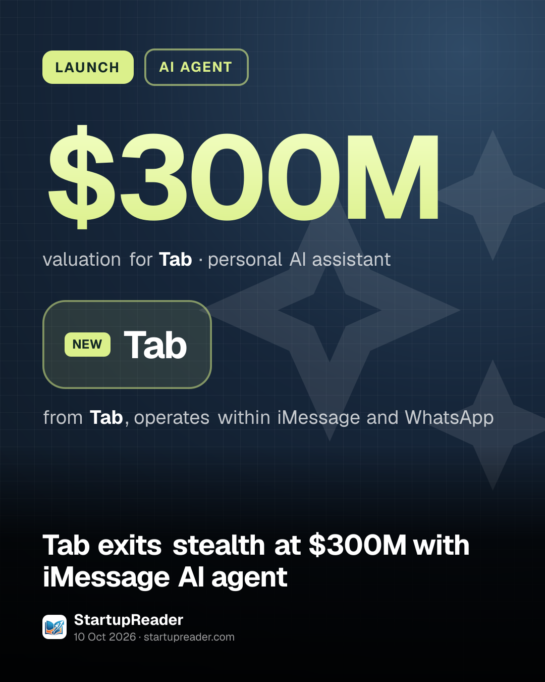 LAUNCH. $300M valuation for Tab, personal AI assistant. Tab from Tab, operates within iMessage and WhatsApp.