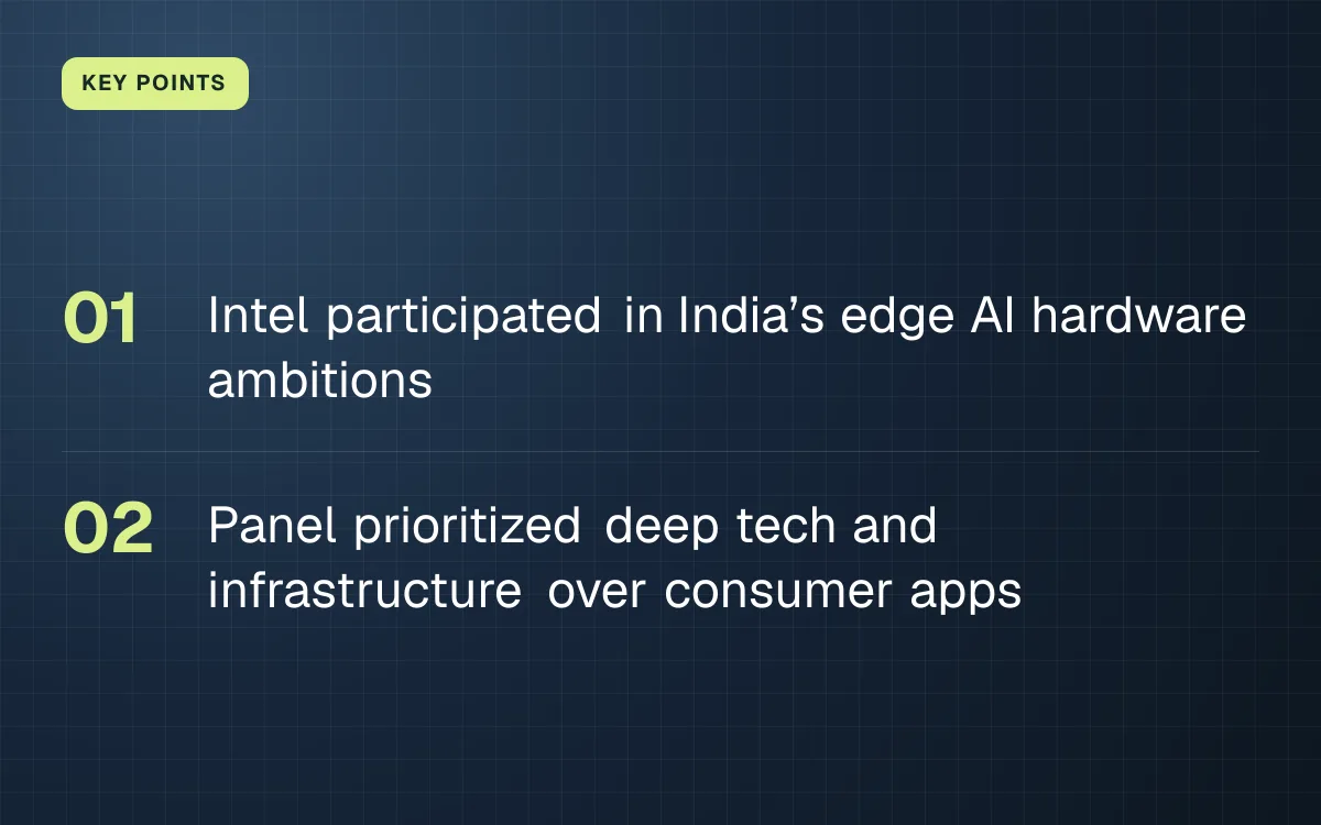 KEY POINTS. Intel participated in India’s edge AI hardware ambitions; Panel prioritized deep tech and infrastructure over consumer apps.