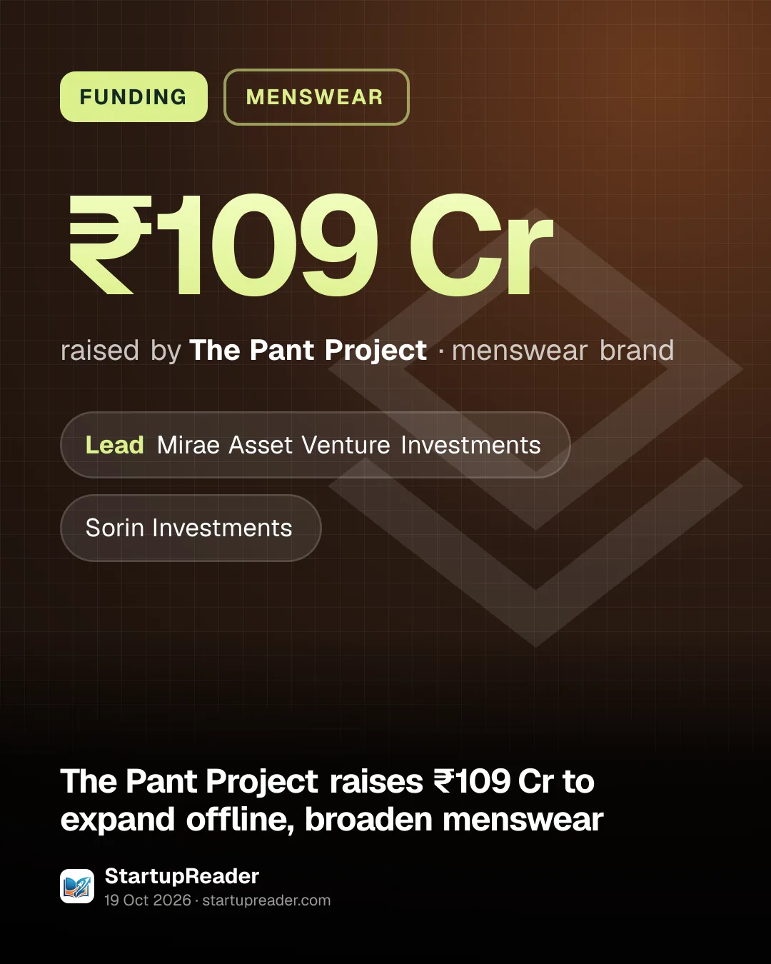 FUNDING. ₹109 Cr raised by The Pant Project, menswear brand. led by Mirae Asset Venture Investments, Sorin Investments.