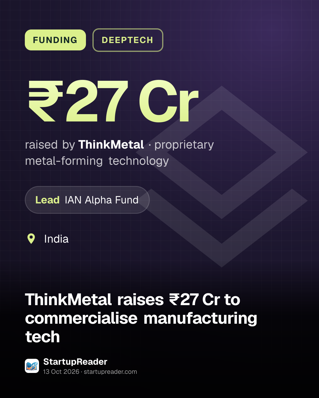 FUNDING. ₹27 Cr raised by ThinkMetal, proprietary metal-forming technology. led by IAN Alpha Fund. India.