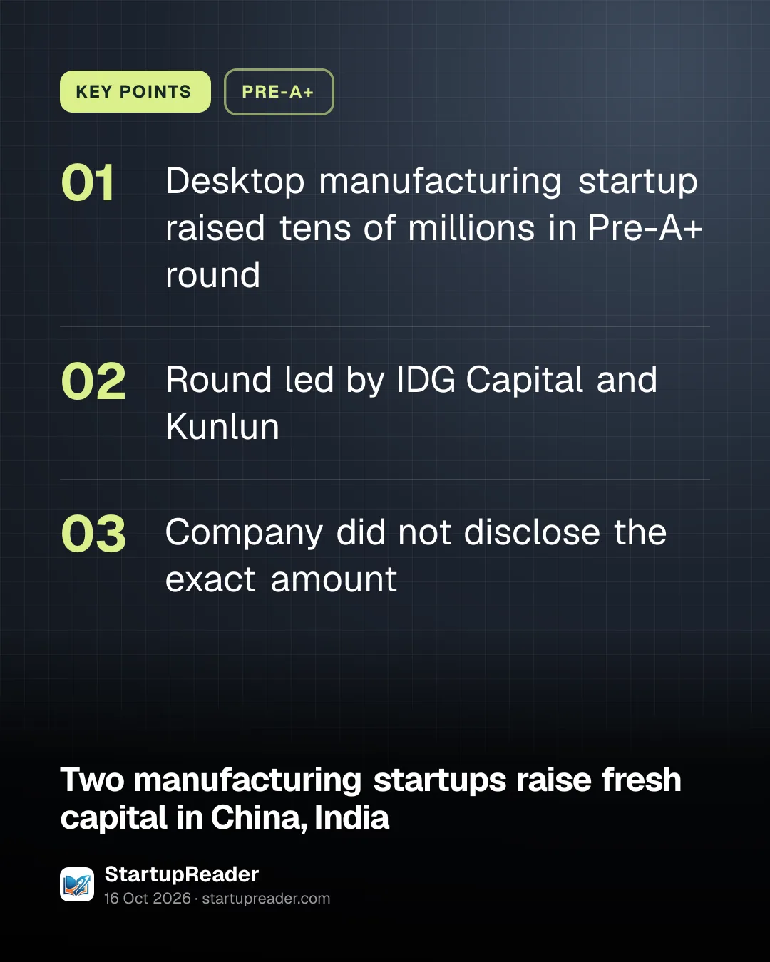 KEY POINTS. Desktop manufacturing startup raised tens of millions in Pre-A+ round; Round led by IDG Capital and Kunlun; Company did not disclose the exact amount.