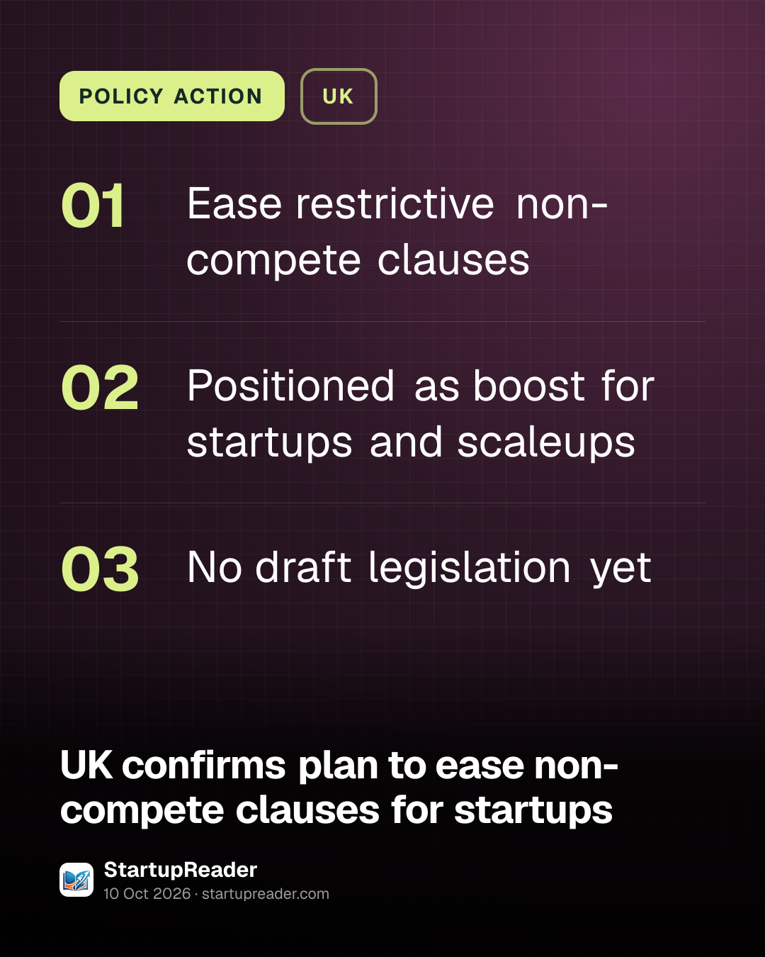 POLICY ACTION. Ease restrictive non-compete clauses; Positioned as boost for startups and scaleups; No draft legislation yet.